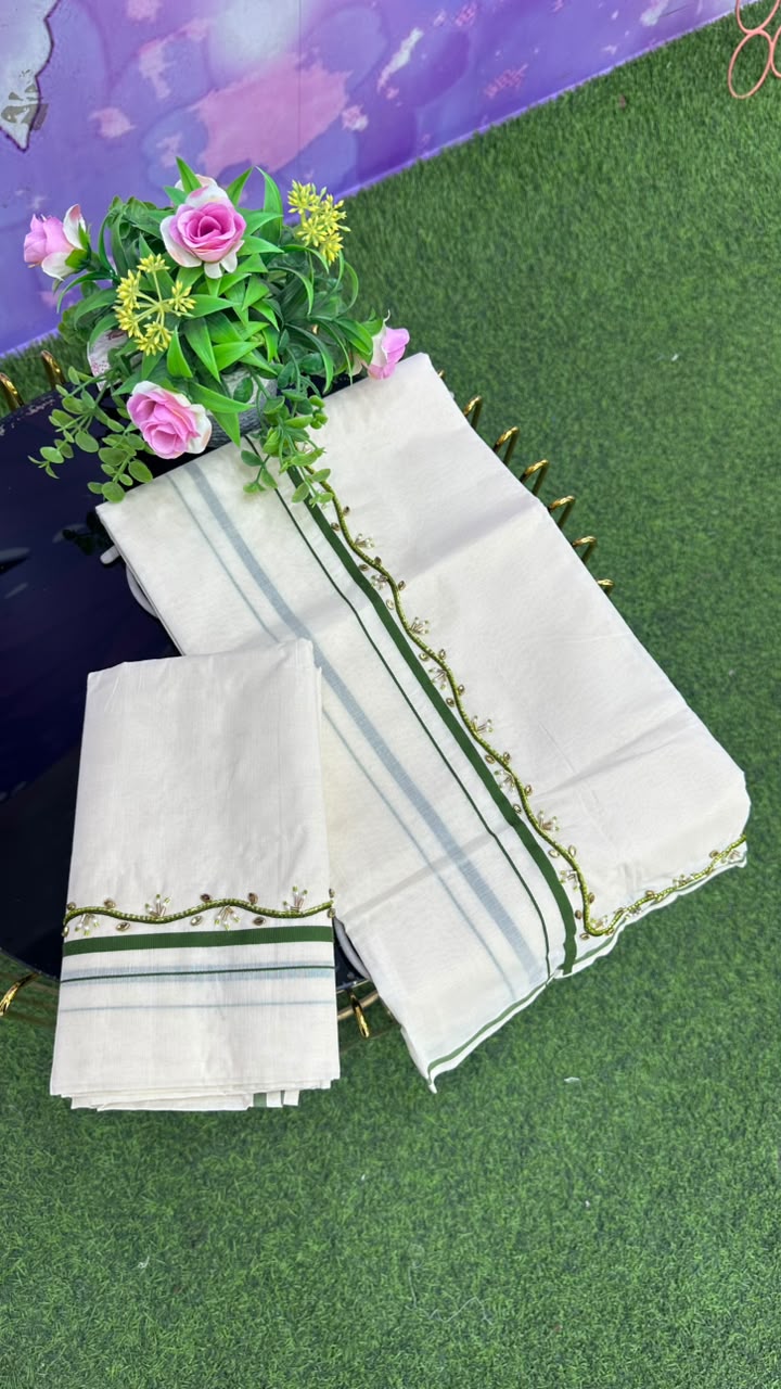 Kerala Set Mundu – Green Handwork Edition