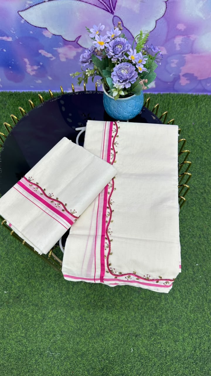 Kerala Set Mundu – Pink Handwork Edition