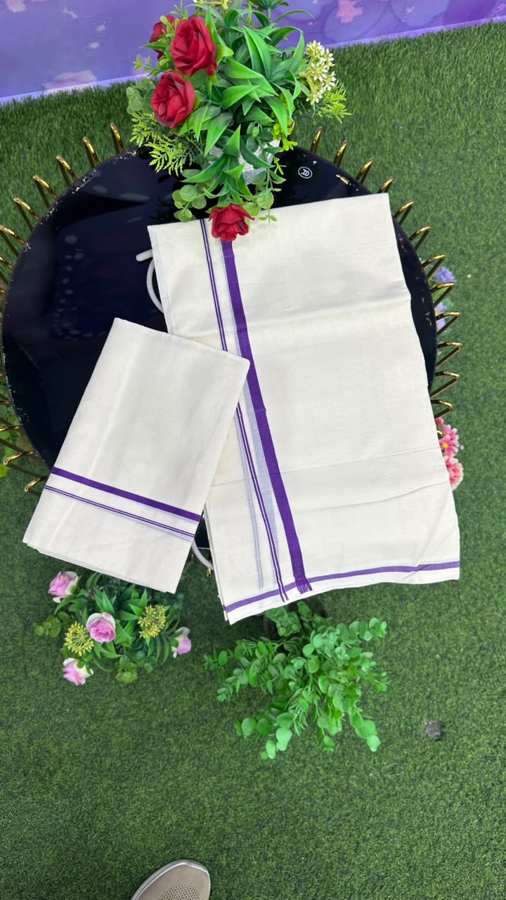 Kerala Set Mundu Off White, Purple