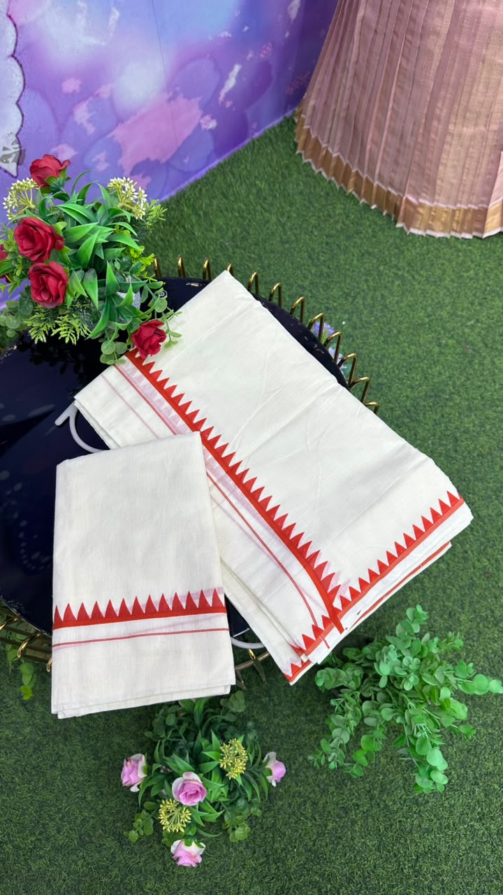 Kerala Set Mundu orange and red temple border