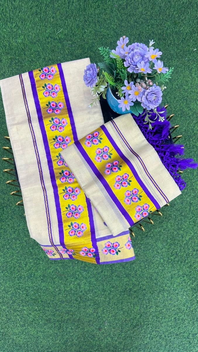 Kerala Kasavu Floral Set Mundu Off White, Gold, Purple