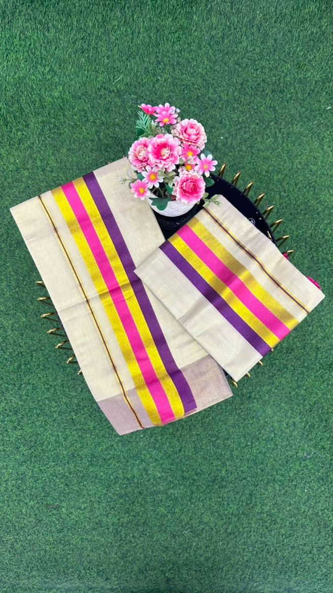 Kerala Kasavu Set Mundu White, Gold, Pink, Purple