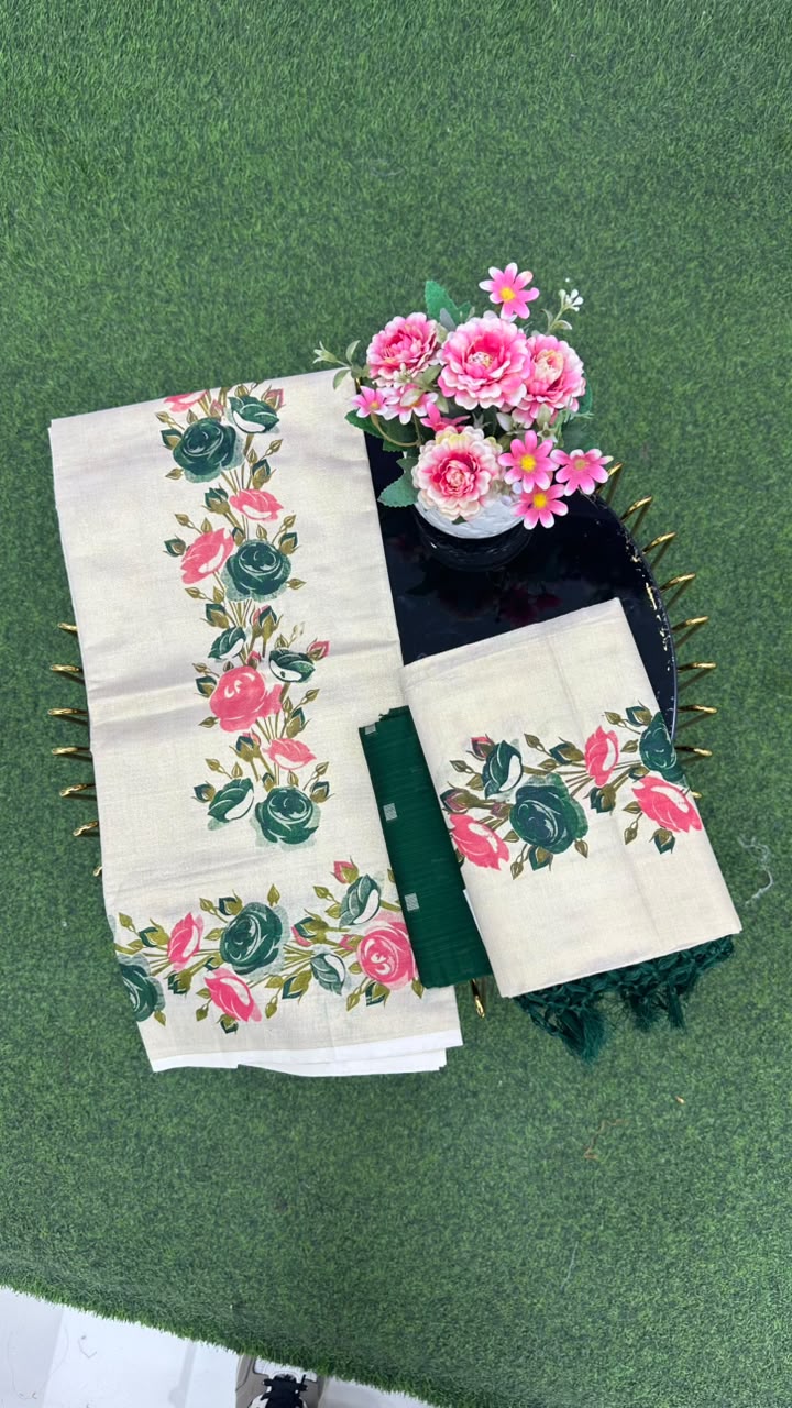 Kerala Floral Set Mundu With Blouse