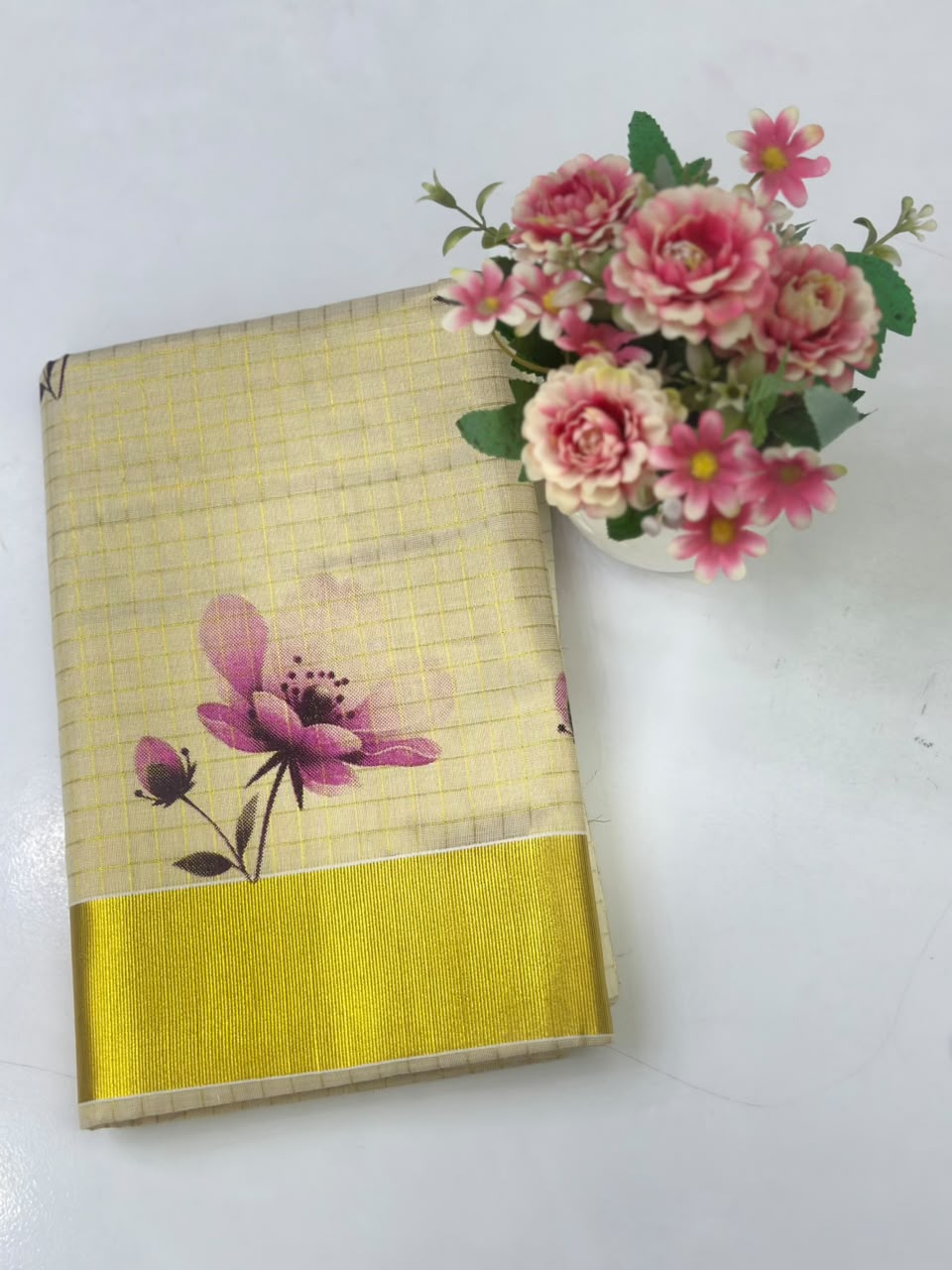 Kerala Kasavu Saree with Pink Floral Print