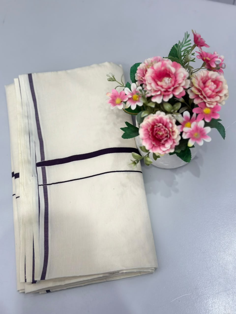 Kerala Kasavu Saree – Off-White with Purple Stripe Border