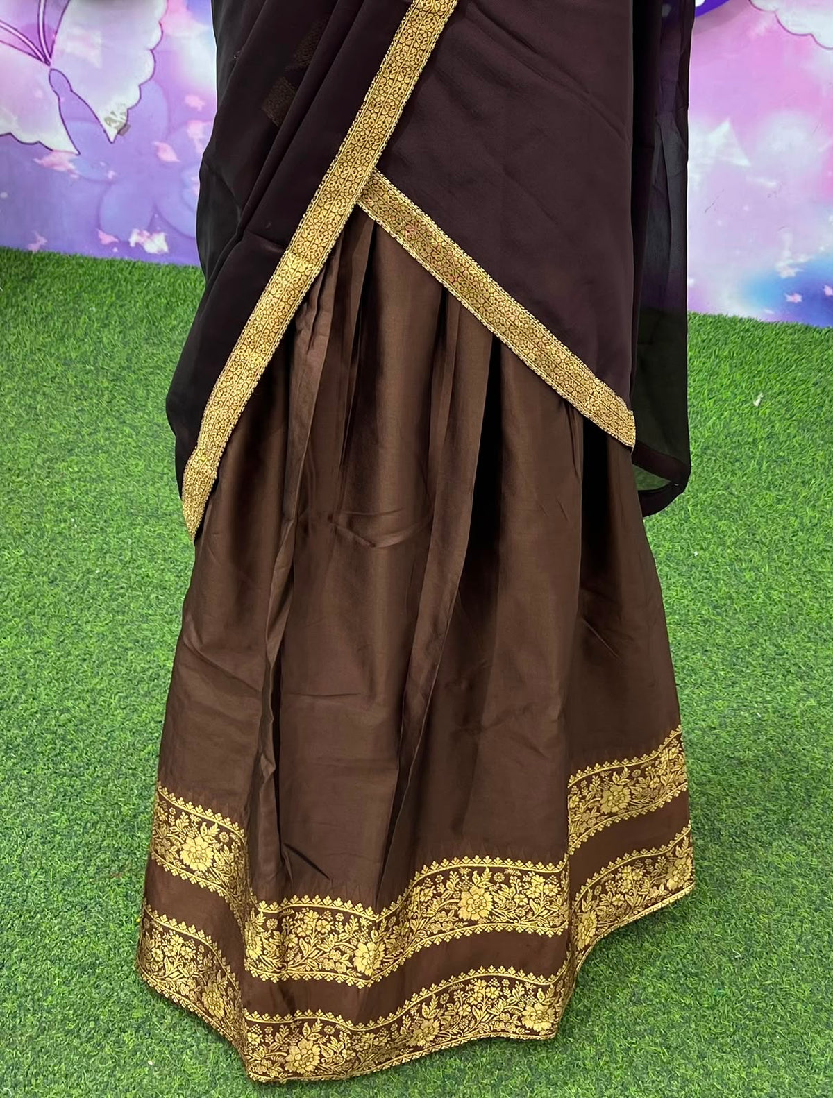 Chocolate Brown Kerala Style Davani Set Unstitched materials