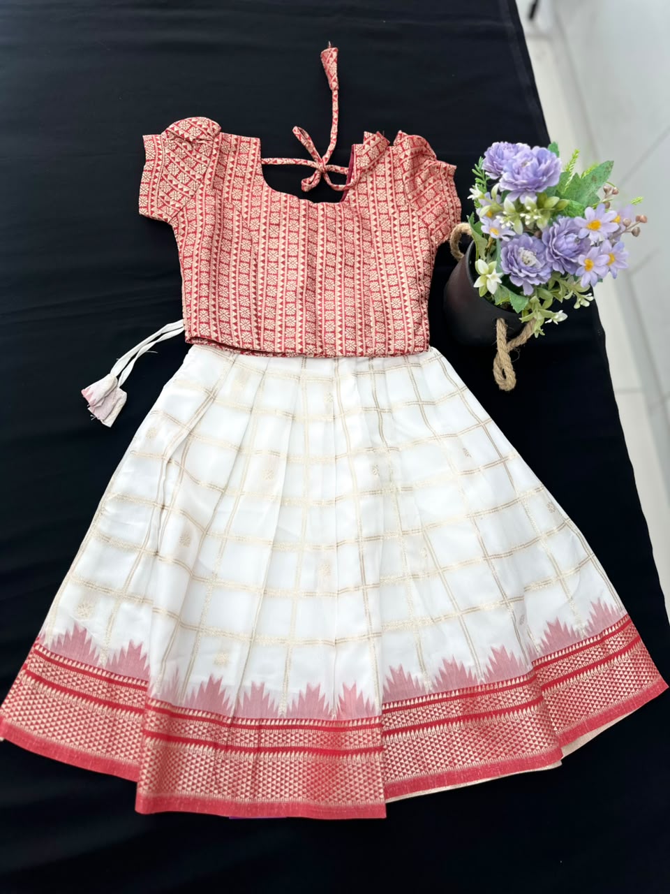 Premium Kids Kerala Pattu Pavada red
