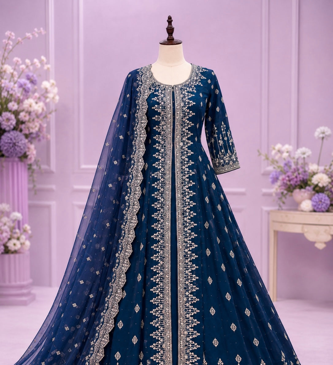 Royal Azure Embroidered Gown Set