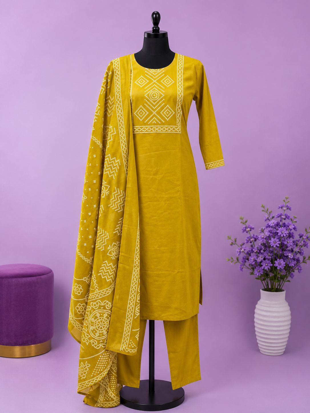 Premium Mustard Yellow Bandhani Kurti Set