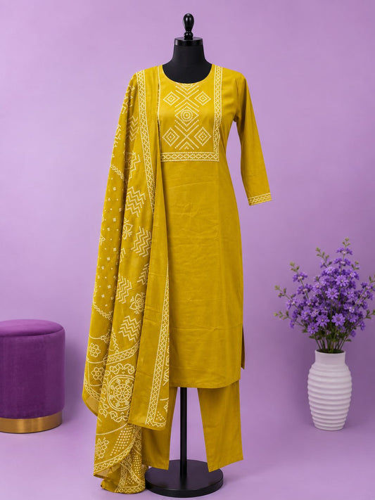 Premium Mustard Yellow Bandhani Kurti Set