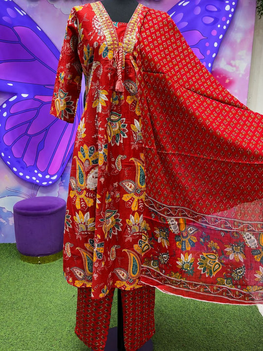 Elegant Red Printed Churidar Set