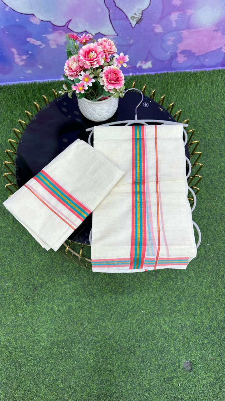 Kerala Set Mundu – Multicolor Border Edition