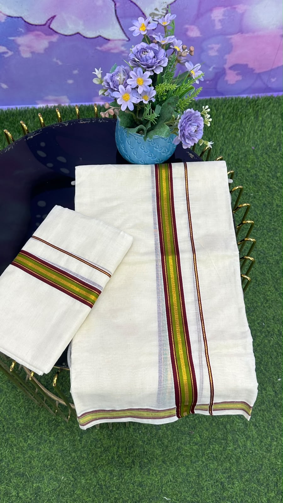 Kerala Set Mundu – Green & Maroon Border