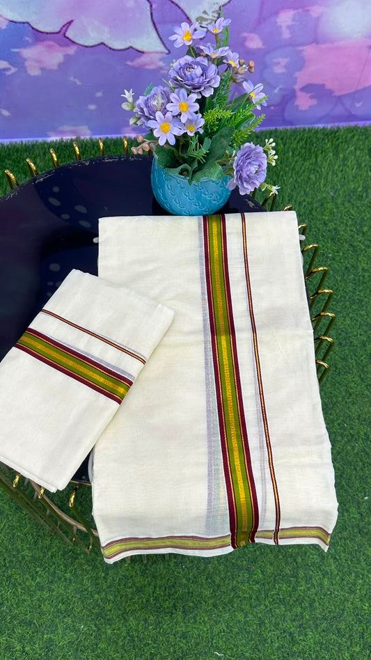 Kerala Set Mundu – Green & Maroon Border