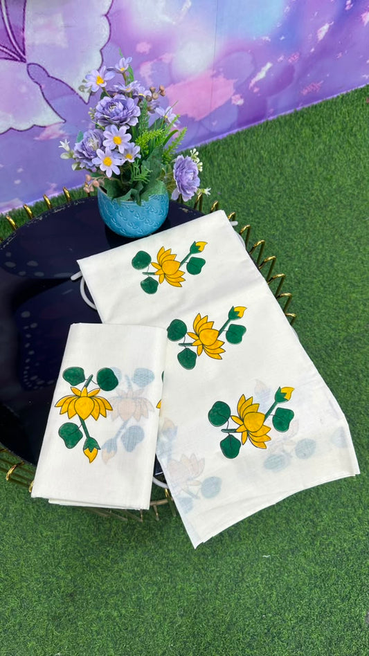 Kerala Set Mundu – Lotus Print Edition