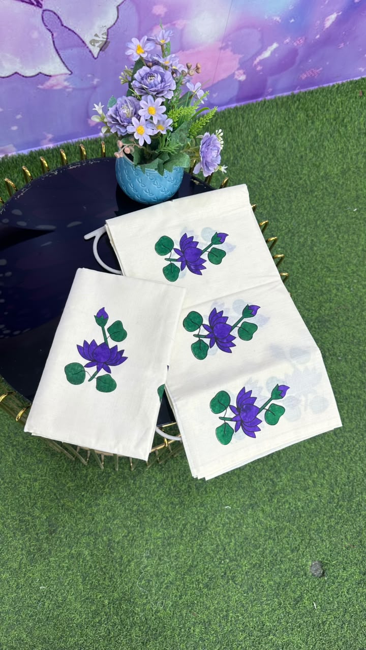 Kerala Set Mundu – Purple Lotus Print Edition