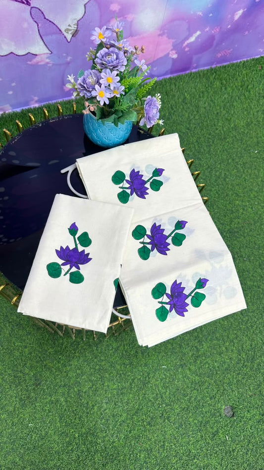 Kerala Set Mundu – Purple Lotus Print Edition
