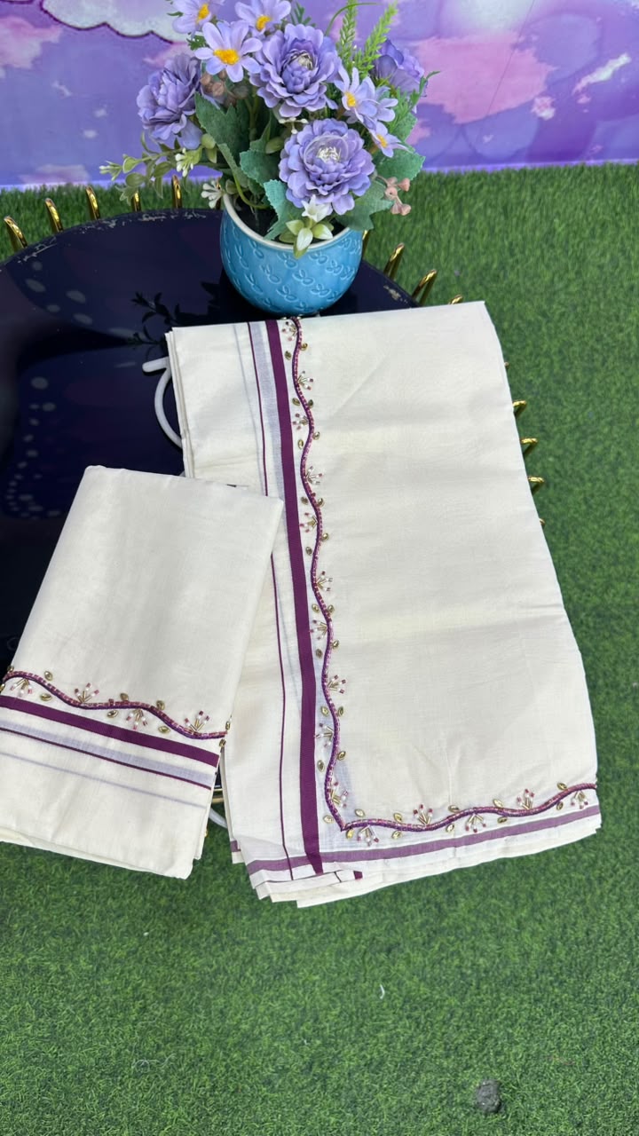 Kerala Set Mundu – Maroon Handwork Edition