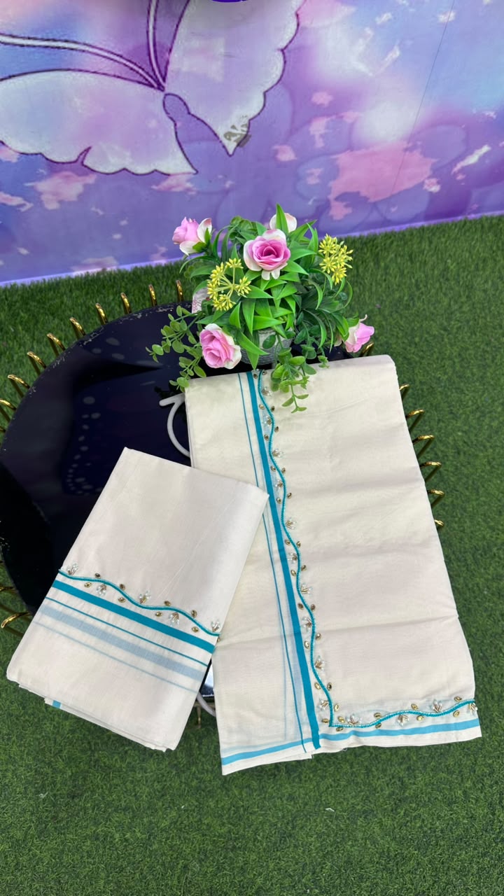 Kerala Set Mundu – Sky Blue Handwork Edition