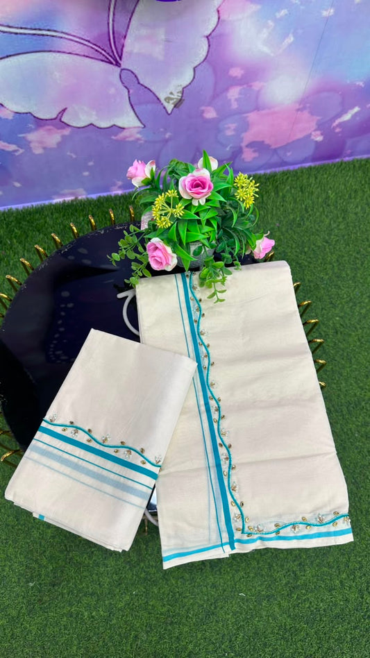 Kerala Set Mundu – Sky Blue Handwork Edition