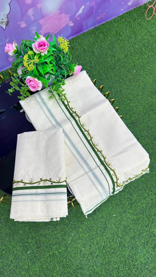Kerala Set Mundu – Green Handwork Edition