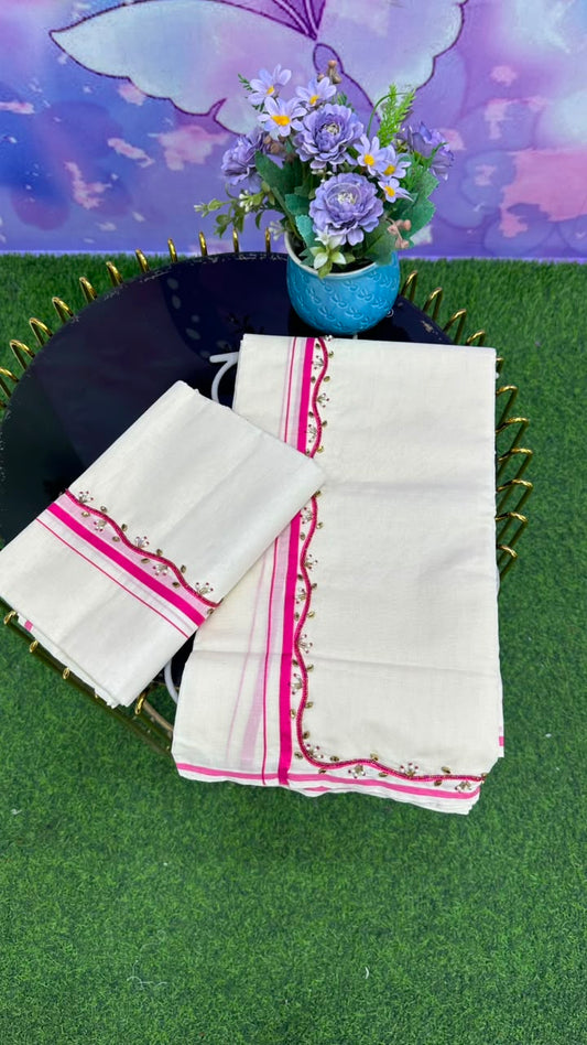 Kerala Set Mundu – Pink Handwork Edition