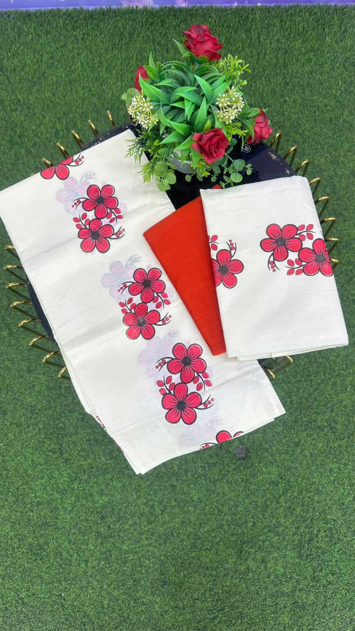 Kerala Floral Set Mundu With Blouse
