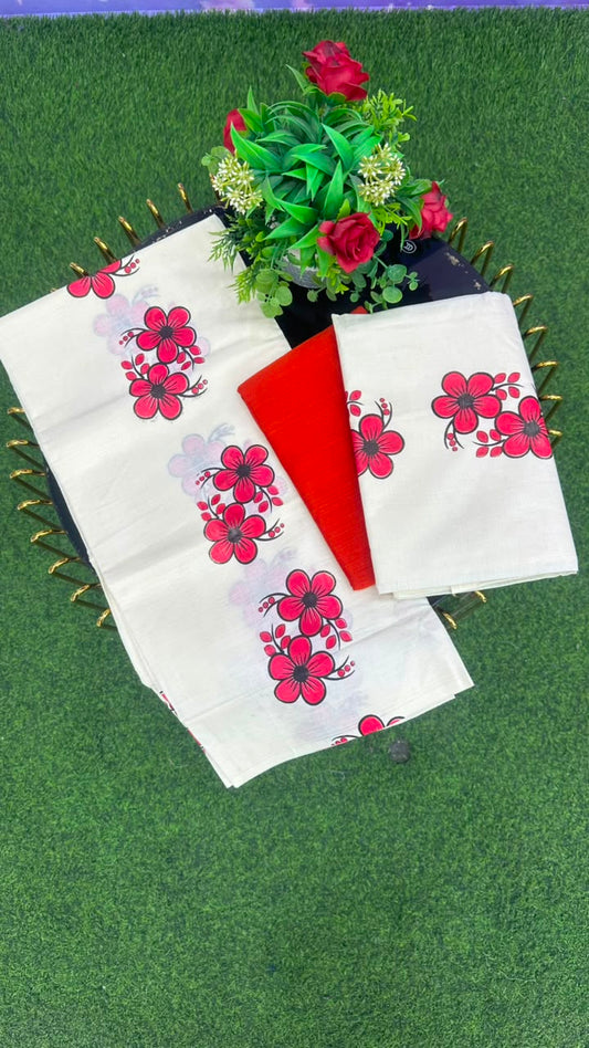 Kerala Floral Set Mundu With Blouse