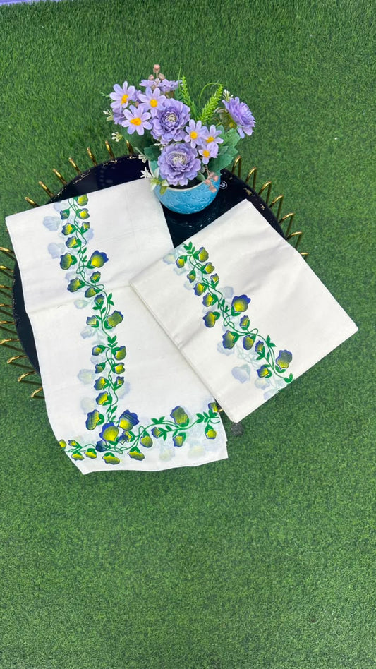 Kerala Floral Set Mundu Off White, Green