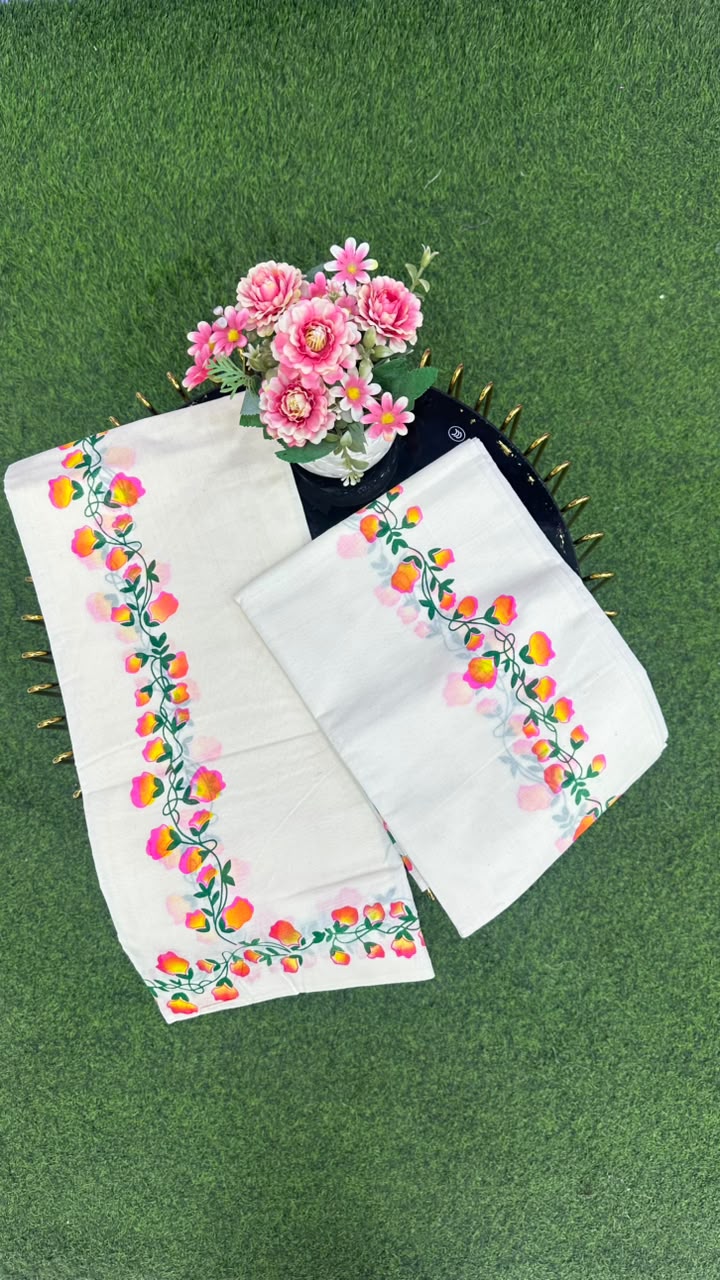 Kerala Floral Set MunduOff White, Pink, Orange
