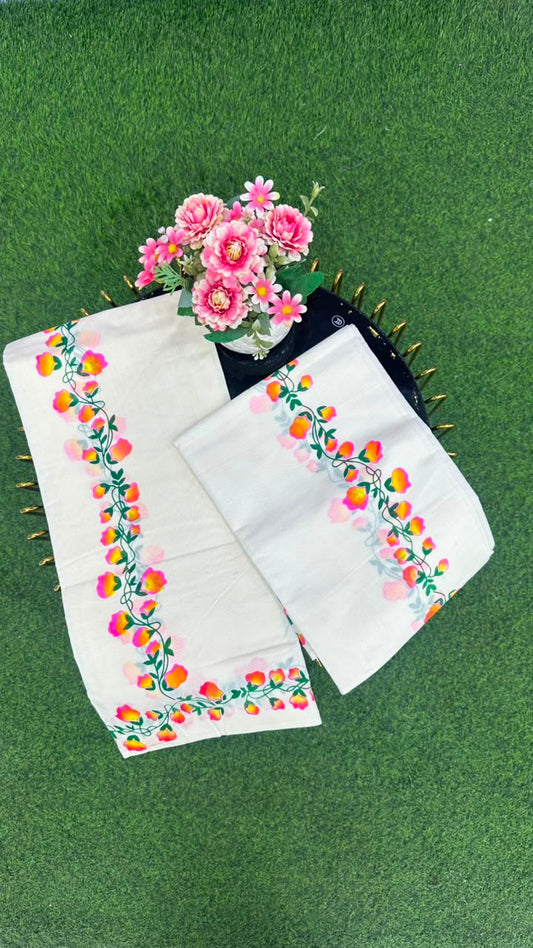 Kerala Floral Set MunduOff White, Pink, Orange