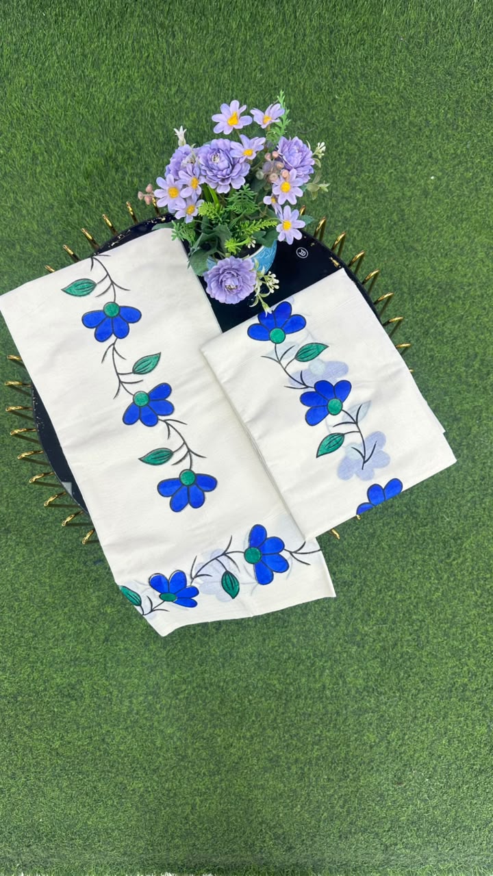 Kerala Floral Set Mundu Off White, Royal Blue,