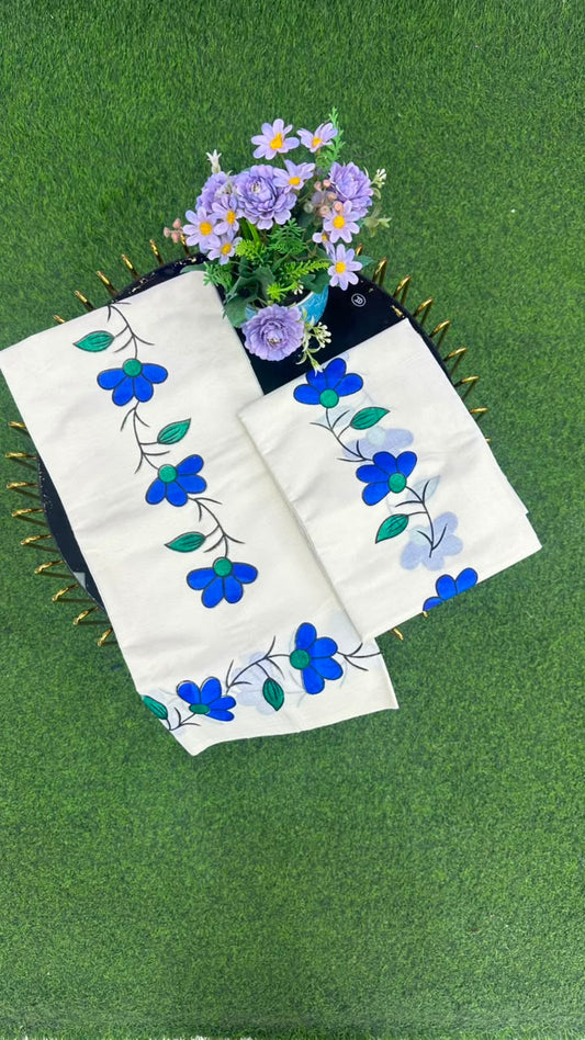 Kerala Floral Set Mundu Off White, Royal Blue,
