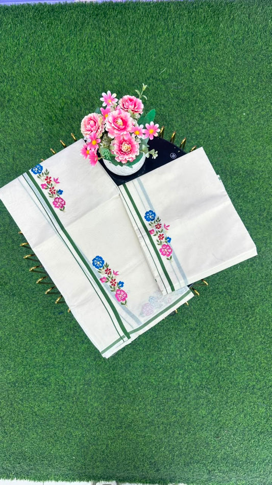 Kerala Floral Set Mundu Off White, Green, Pink