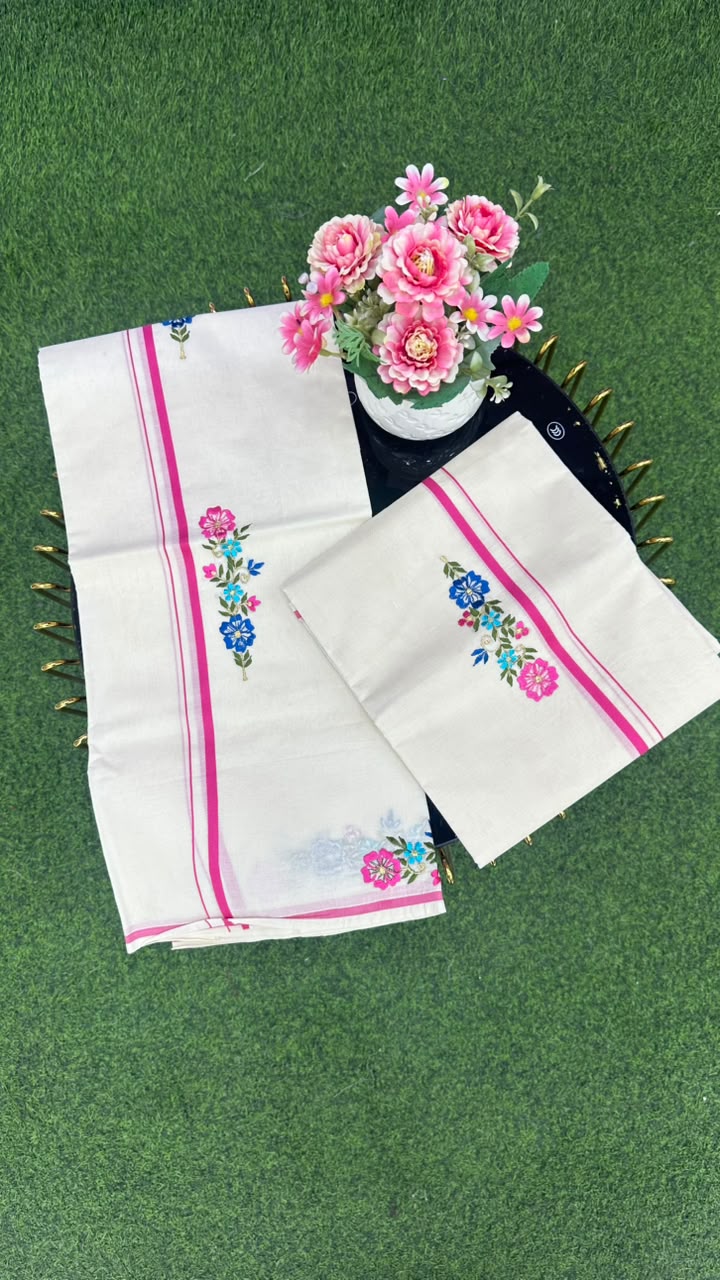 Kerala Floral Set Mundu Off White, Pink, Blue