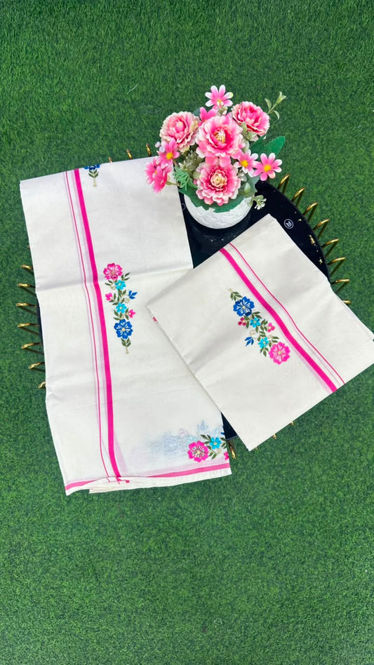 Kerala Floral Set Mundu Off White, Pink, Blue