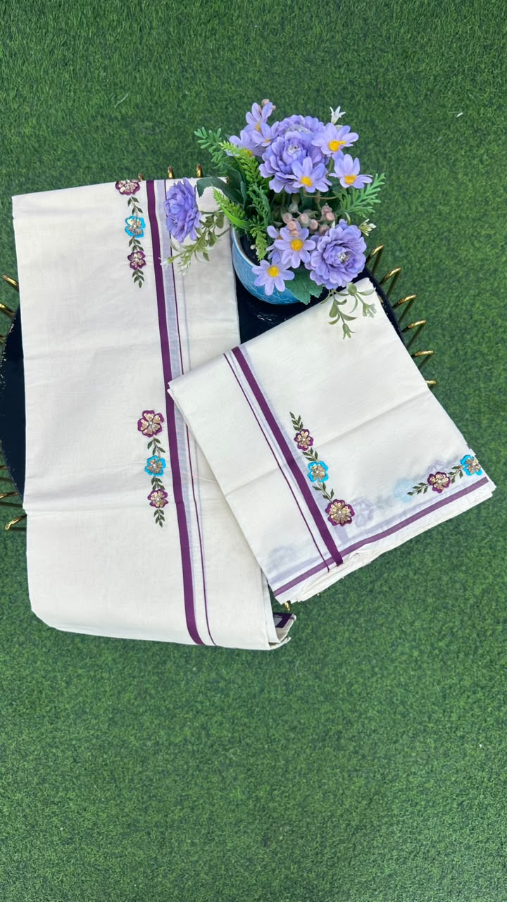 Kerala Floral Set Mundu  Off White, Purple, Sky Blue,