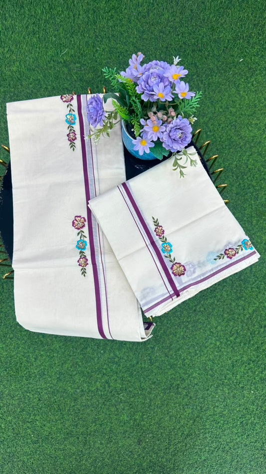 Kerala Floral Set Mundu  Off White, Purple, Sky Blue,