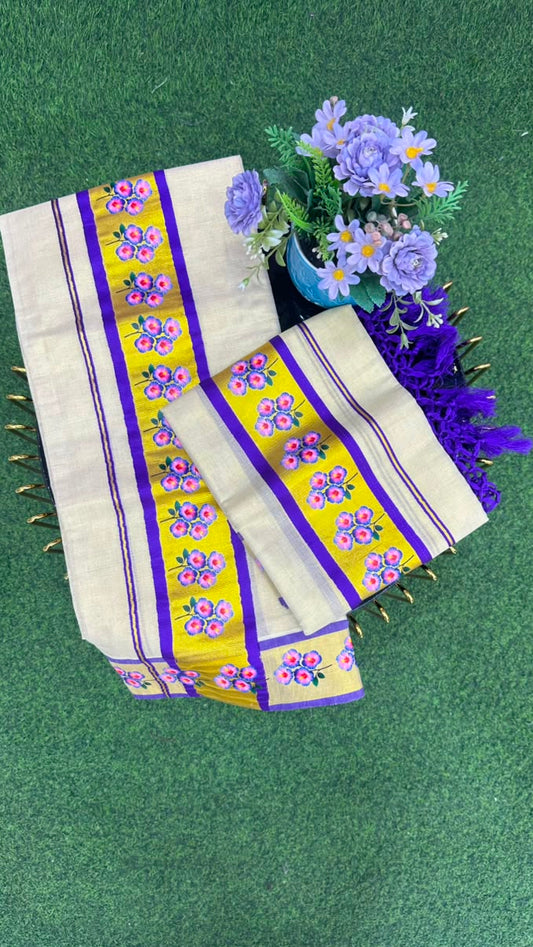 Kerala Kasavu Floral Set Mundu Off White, Gold, Purple