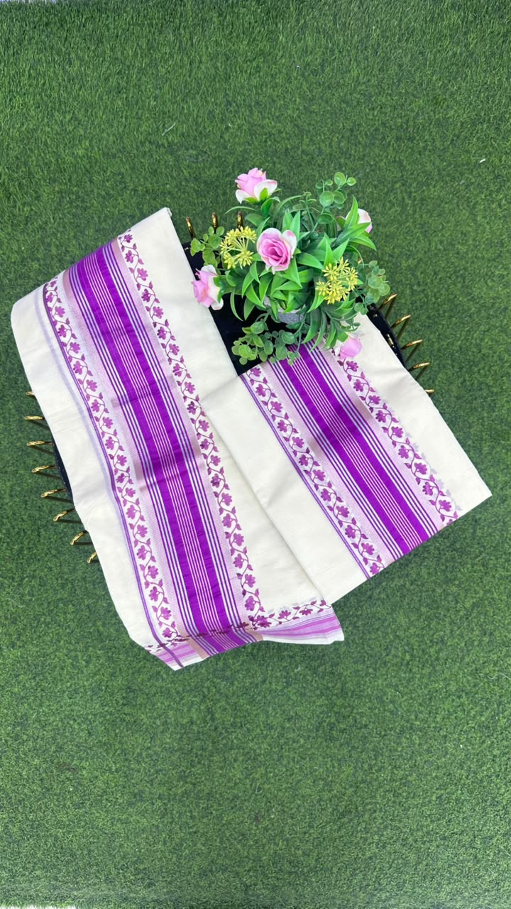 Kerala Floral Set Mundu White, Purple, Lavender