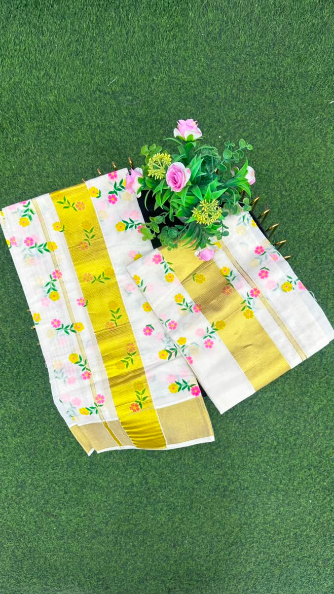 Kerala Kasavu Floral Set Mundu  White, Gold, Pink,
