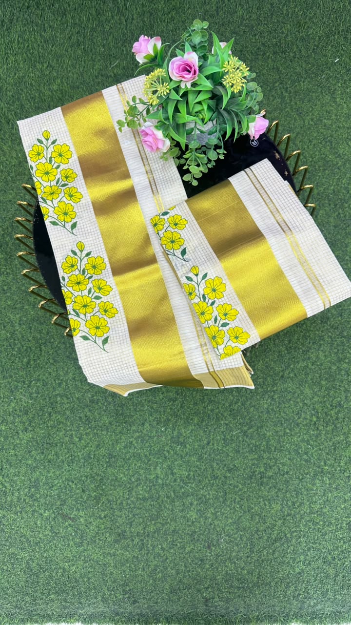Kerala Kasavu Floral Set Mundu White, Gold, Yellow, Green