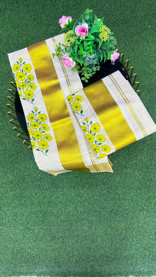 Kerala Kasavu Floral Set Mundu White, Gold, Yellow, Green