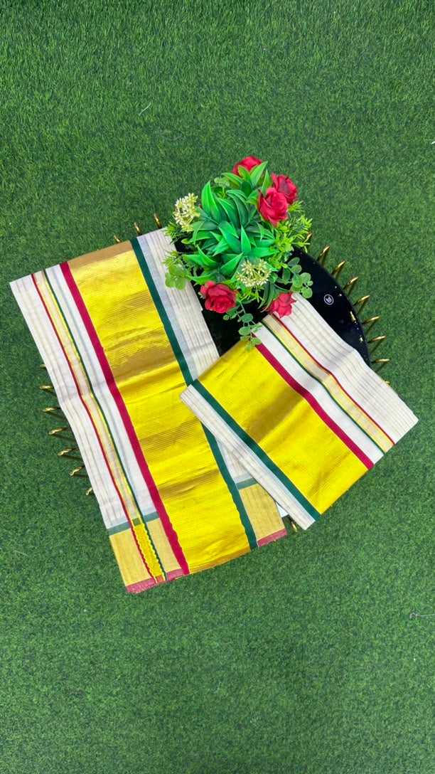 Kerala Kasavu Set Mundu White, Gold, Green,