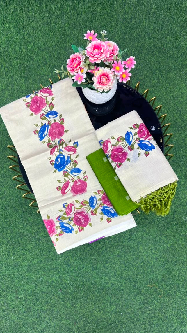 Kerala Floral Set Mundu With Blouse   White, Pink, Royal Blue, Green