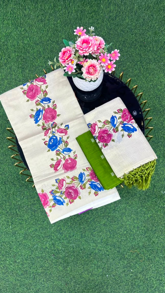 Kerala Floral Set Mundu With Blouse   White, Pink, Royal Blue, Green