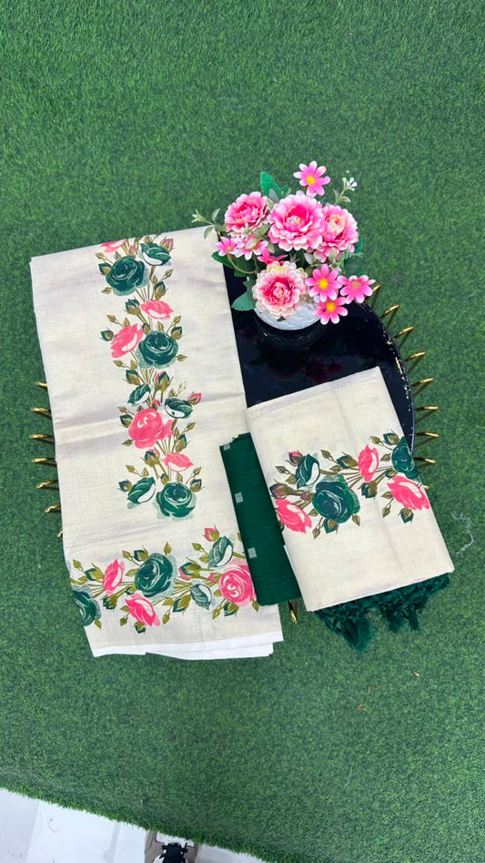 Kerala Floral Set Mundu With Blouse
