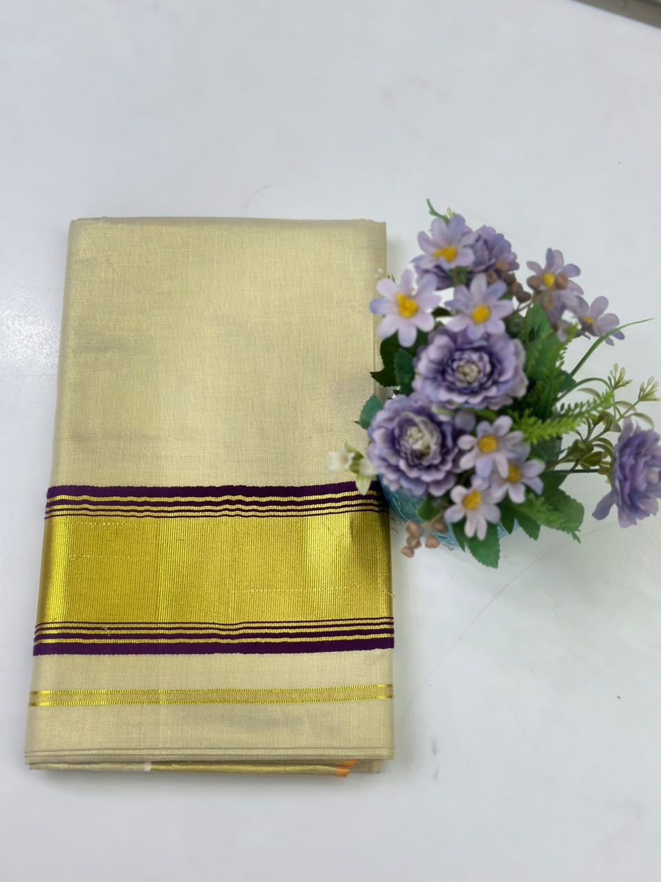 Kerala Kasavu Saree with Purple Border