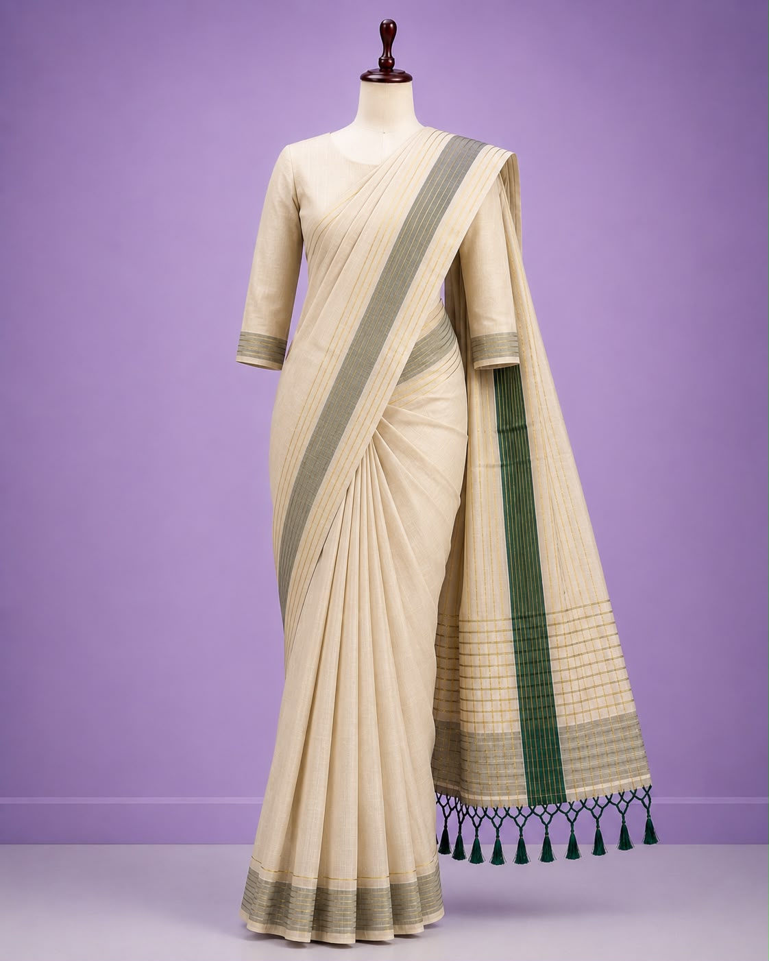 Kerala Kasavu Saree – Green Border