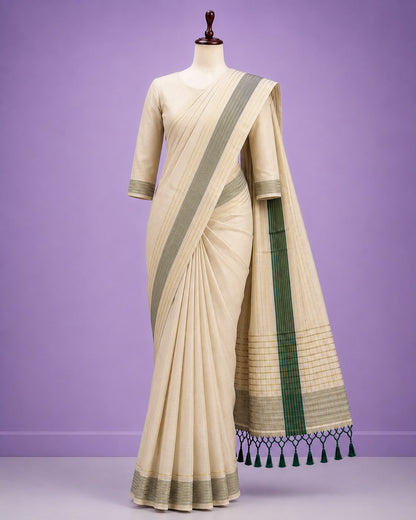 Kerala Kasavu Saree – Green Border